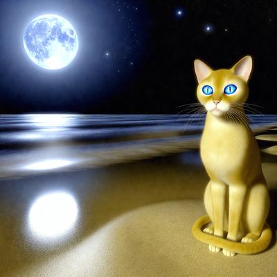 The primary subject of the image is a cat sitting on a sandy beach at night. The cat is the main focus of the image, and it appears to be staring at the camera. The setting is a beach at night, with the sky visible in the background. The visual style of the image is a combination of photo and digital art, creating a unique and captivating scene. The dominant colors in the image are black, white, and shades of blue, which contribute to the overall mood of the scene.